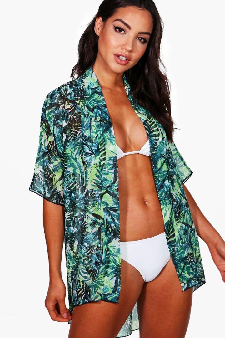 Boohoo Ruby Leaf Print Beach Kimono Green