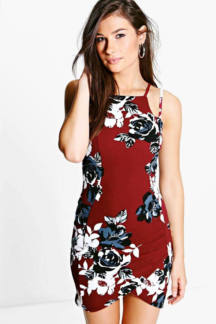 Boohoo Hallie Floral Strappy Bodycon Dress Wine