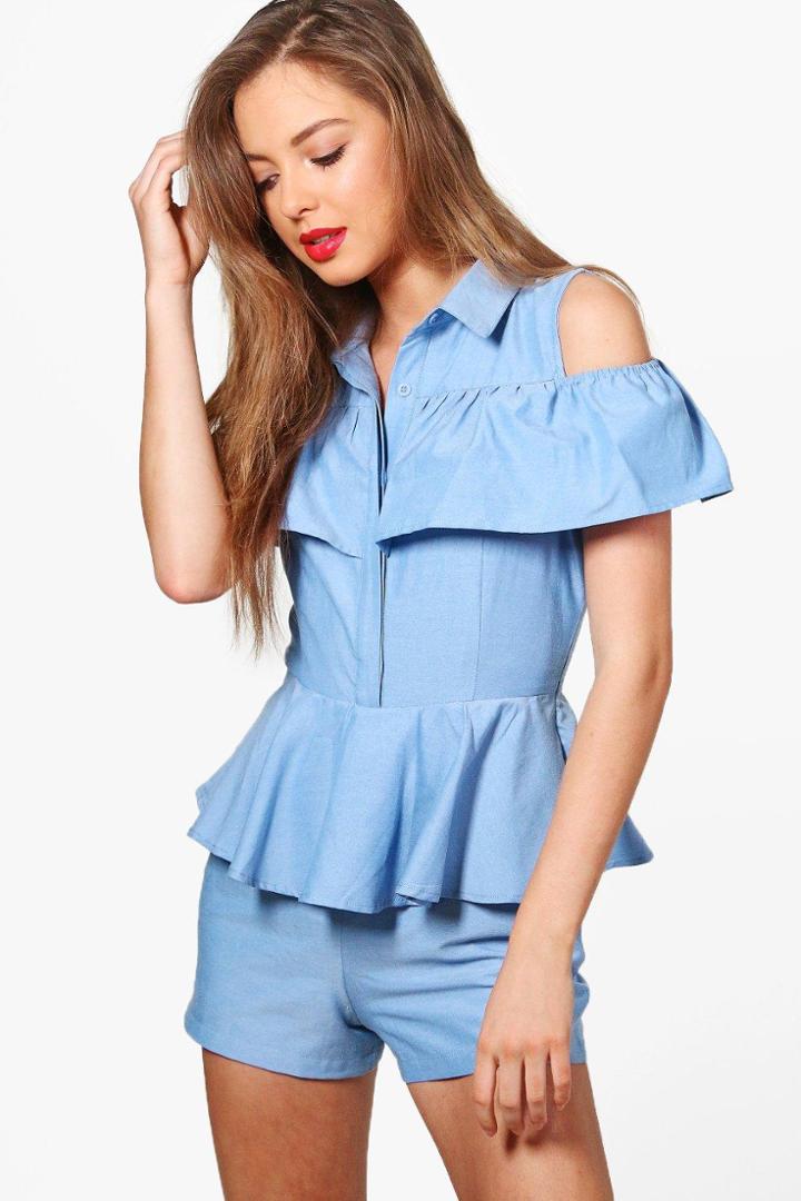 Boohoo Jenny Cold Shoulder Ruffle Detail Playsuit Denim