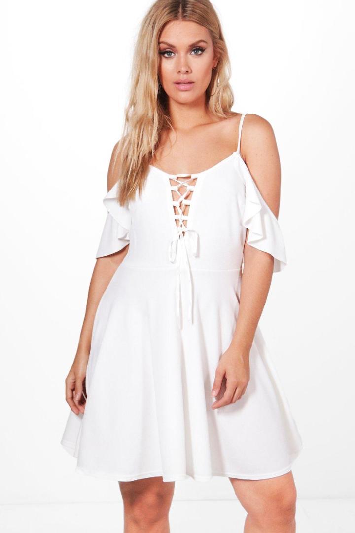 Boohoo Plus Yasmin Drape Sleeve Tie Front Skater Dress Ivory