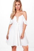 Boohoo Plus Yasmin Drape Sleeve Tie Front Skater Dress Ivory