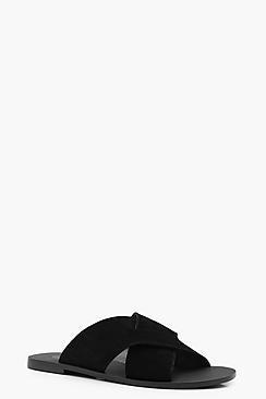 Boohoo Lauren Wide Fit Cross Front Leather Slider Sandals
