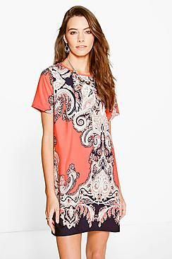 Boohoo Christina Paisley Border Print Shift Dress