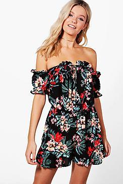Boohoo Alicia Tropical Print Off Shoulder Playsuit
