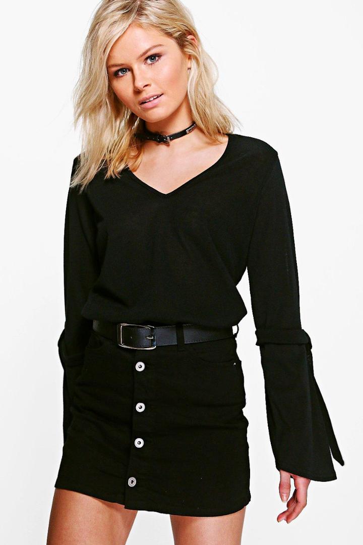 Boohoo Zoe Tie Detail Sleeve Fine Knit Jumper Black