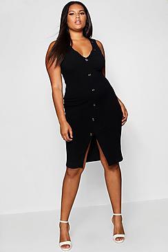 Boohoo Plus Rib Horn Button Detail Midi Dress