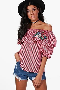Boohoo Abbie Gingham Embroidered Off The Shoulder Top