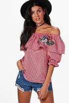 Boohoo Abbie Gingham Embroidered Off The Shoulder Top