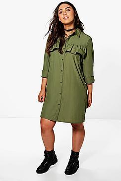 Boohoo Plus Amerie Ruffle Front Shirt Dress