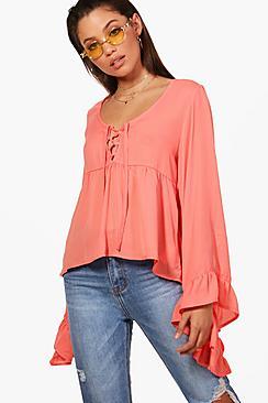Boohoo Lace Up Ruffle Sleeve Blouse