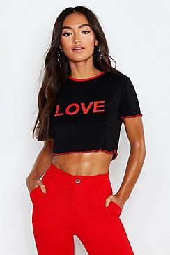 Boohoo Petite Love Slogan Frill Hem Cropped T-shirt
