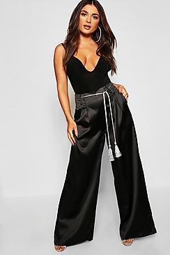 Boohoo Satin Wide Leg Tassel Belt Trousers