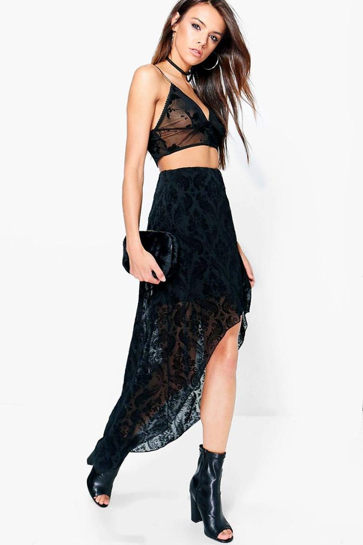 Boohoo Paloma Velvet Baroque Mesh High Low Maxi Skirt Black