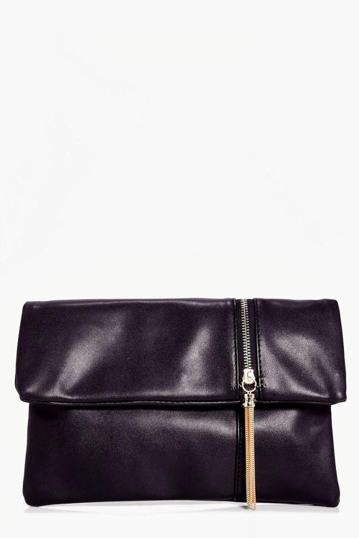 Boohoo Eloise Zip Detail Fold Over Clutch Bag Black