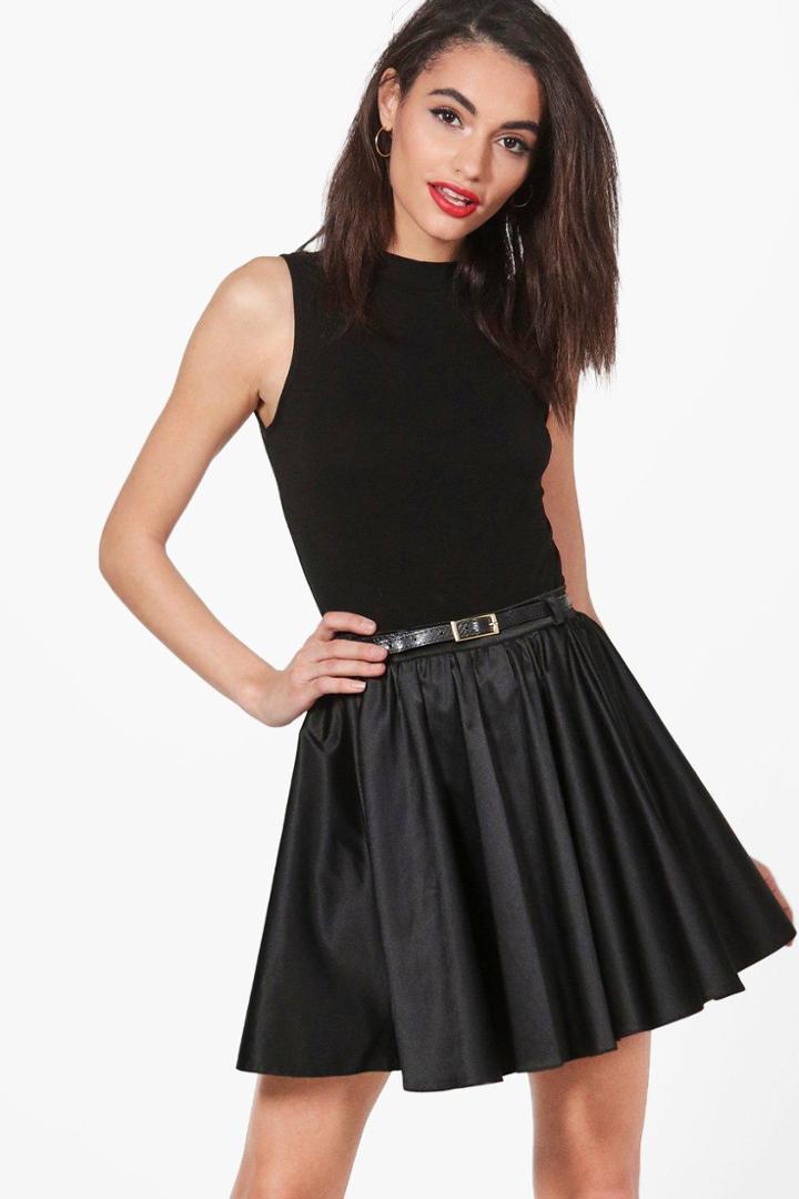 Boohoo Eva Satin Full Woven Skater Skirt Black