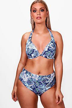 Boohoo Plus Zoe Paisley Print High Waist Push Up Bikini