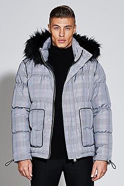 Boohoo Premium Short Length Printed Check Puffer Jacket