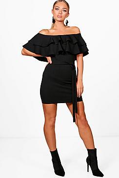 Boohoo Fi Bardot Layered Frill Belted Bodycon Dress