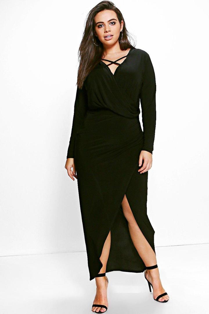 Boohoo Plus Ciara Strappy Wrap Front Maxi Dress Black
