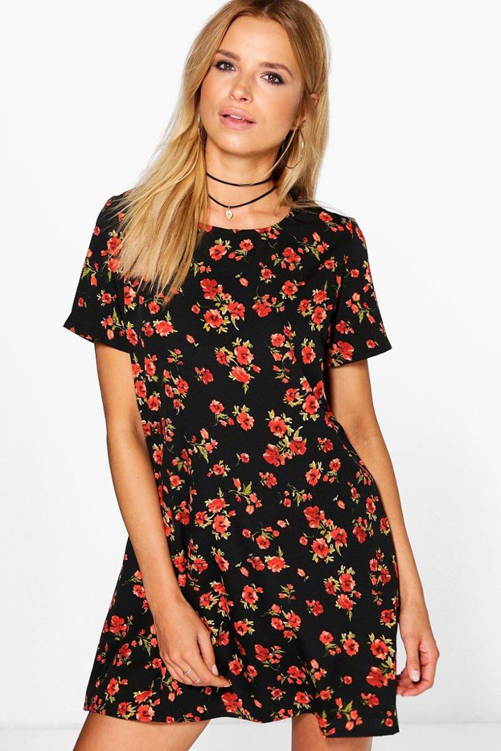 Boohoo Tammi Floral Short Sleeved Shift Dress Black