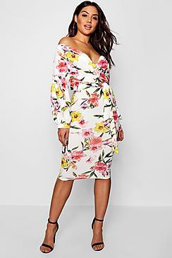 Boohoo Floral Print Off The Shoulder Midi Dress