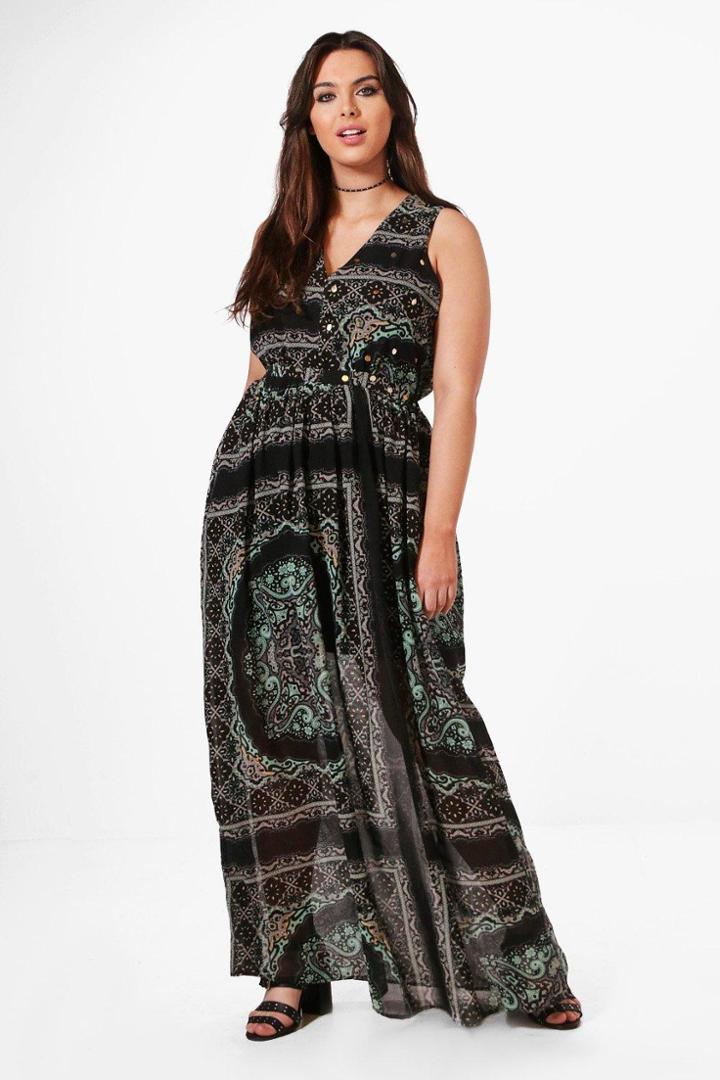 Boohoo Plus Clara Woven Paisley Coin Maxi Dress Multi