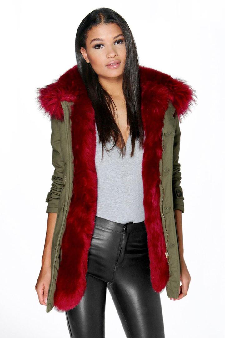 Boohoo Boutique Maria Faux Fur Trim Parka Wine