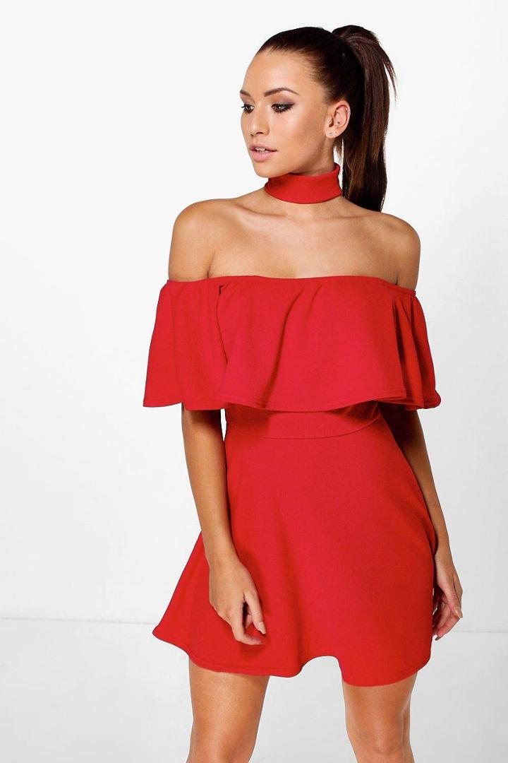 Boohoo Saskia Choker Off Shoulder Skater Dress Red