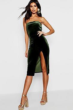 Boohoo Bandeau Velvet Midi Bodycon Dress