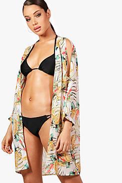 Boohoo Cara Tropical Print Cold Shoulder Kimono