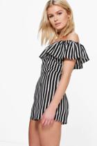 Boohoo Ria Striped Off The Shoulder Playsuit Black