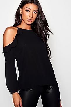 Boohoo Ruffle Cold Shoulder Long Sleeve Top