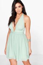 Boohoo Takeko Chiffon Deep V Ruched Skater Dress Green