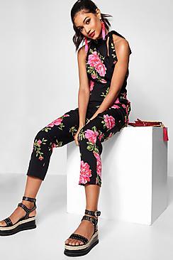 Boohoo Hollie High Neck Large Floral Culotte Jumpsuit
