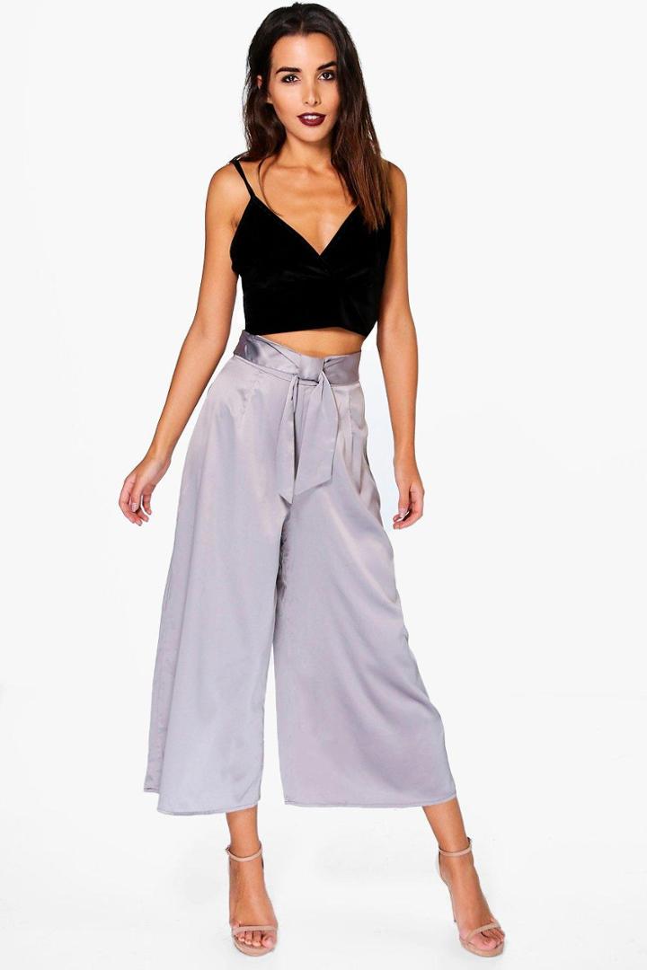 Boohoo Priya Satin Bow Detail Wide Leg Culottes Silver