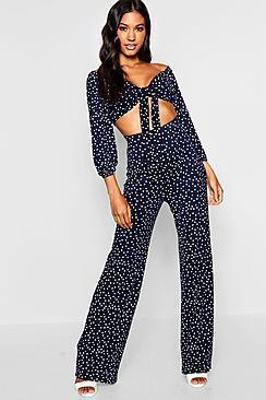 Boohoo Tie Front Top Polka Dot Wide Leg Trouser Co-ord