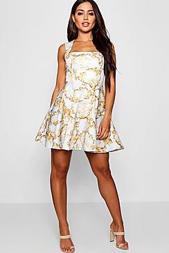 Boohoo Nia Vine Chain Print Square Neck Skater Dress