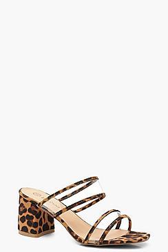Boohoo Wide Fit Leopard Perspex Strap Block Heel Mules