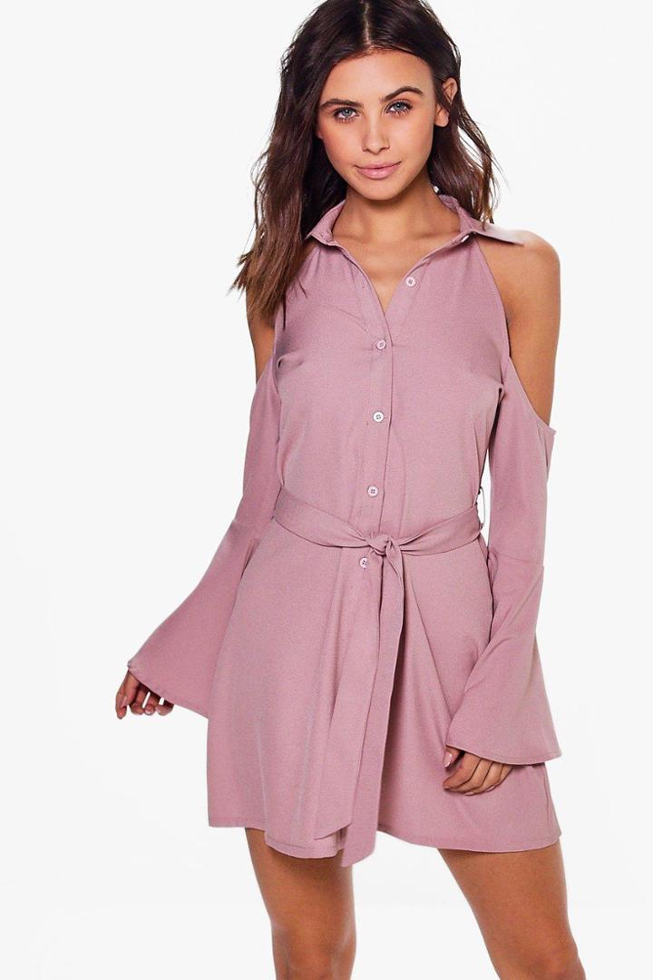 Boohoo Petite Elle Cold Shoulder Tie Front Shirt Dress Lotus