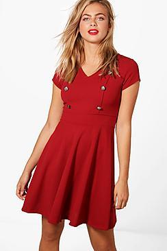 Boohoo Anna Military Button Tailored Skater Dress
