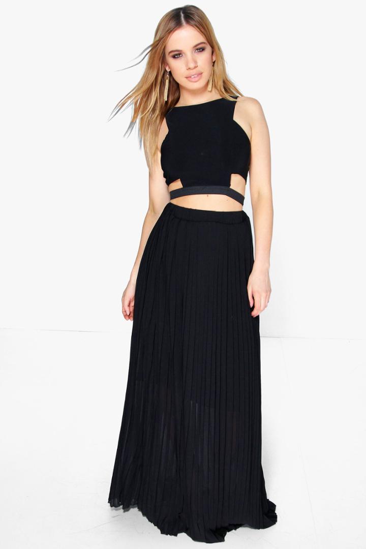 Boohoo Petite Rachel Pleated Chiffon Maxi Skirt Black