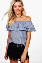 Boohoo Sophia Gingham Ruffle Off The Shoulder Top Blue