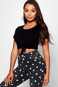 Boohoo Petite Sia Knot Front Cap Sleeve Jersey T-shirt