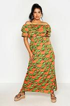 Boohoo Plus Bright Tropical Print Bardot And Maxi Skirt Co-ord