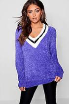 Boohoo V-neck Oversized Sports Stripe Feather Knit Sweater