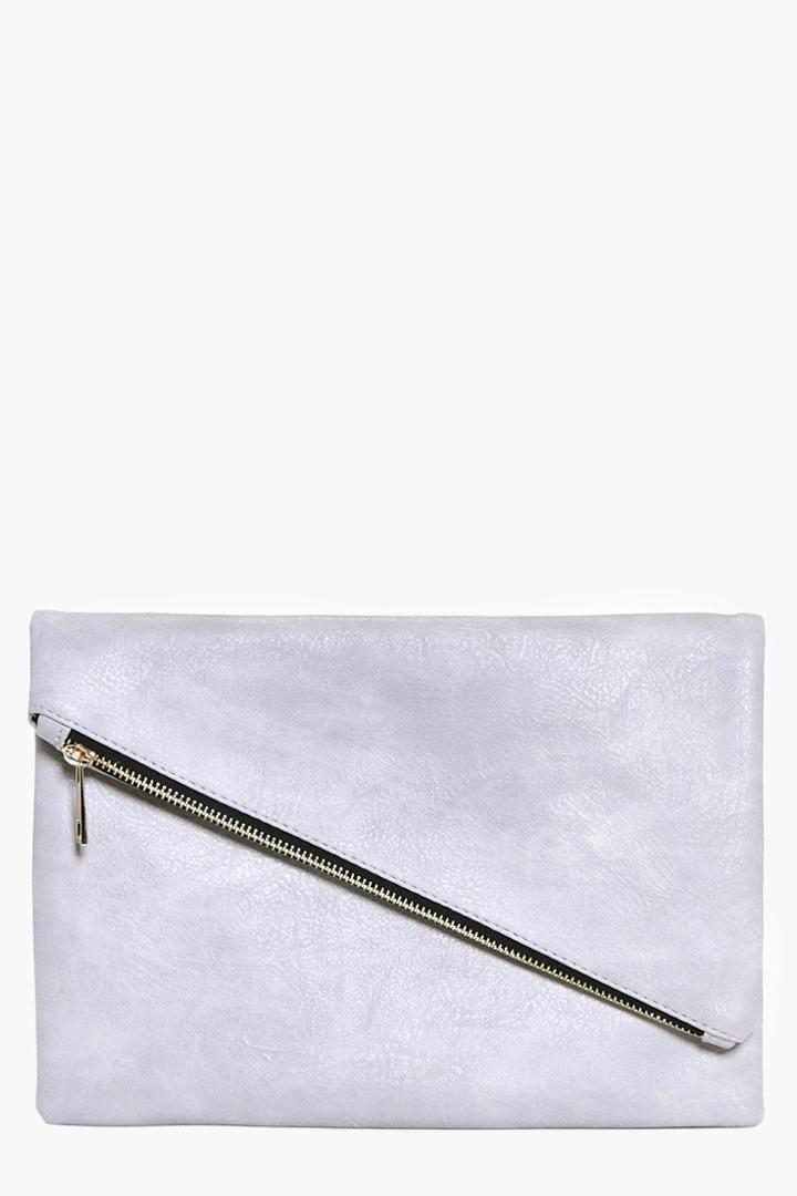 Boohoo Madeleine Fold Over Diagonal Zip Clutch Bag Grey