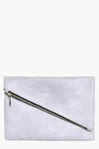 Boohoo Madeleine Fold Over Diagonal Zip Clutch Bag Grey