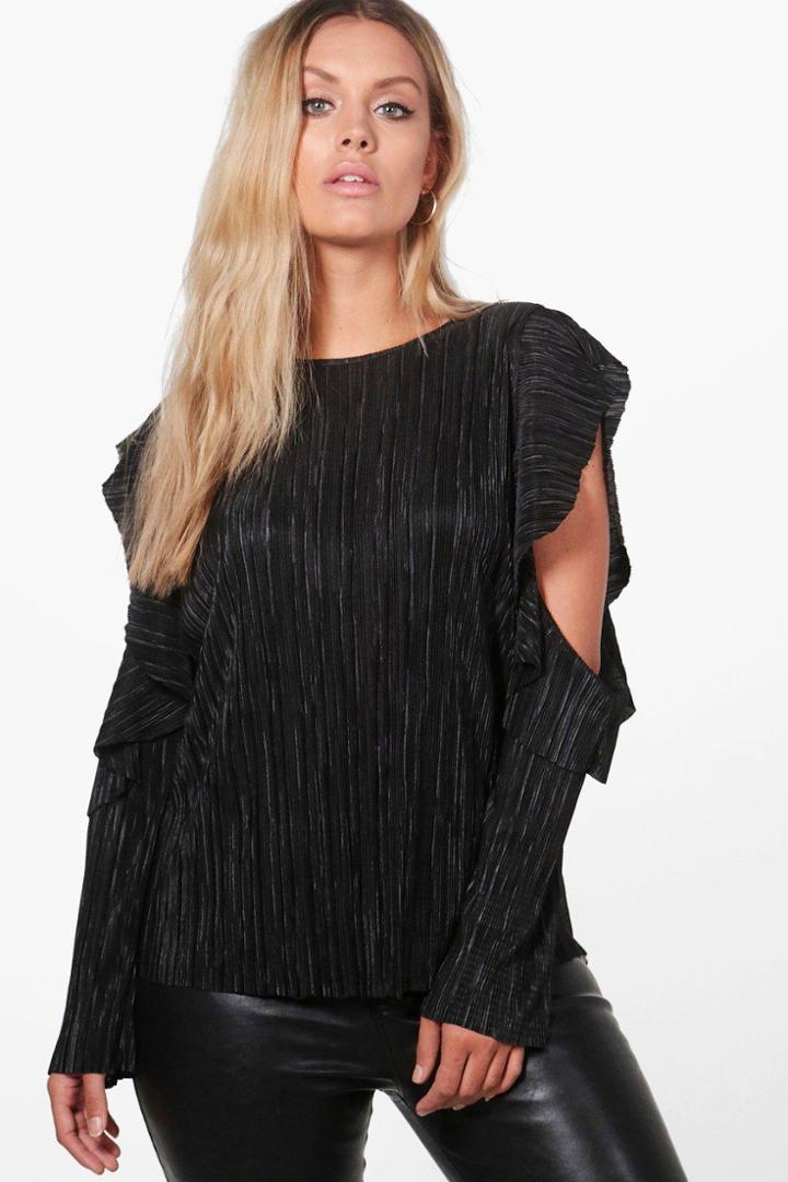 Boohoo Plus Kate Crinkle Ruffle Cold Shoulder Top Black