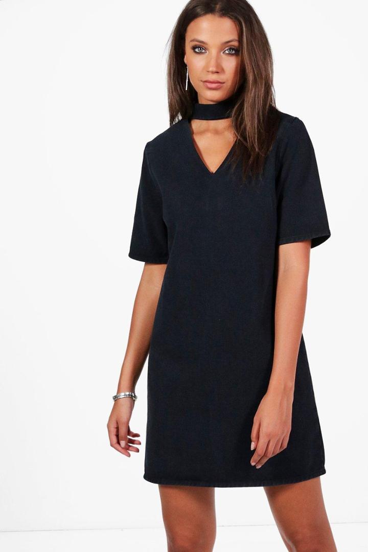 Boohoo Tall Kayla Denim Choker Detail Dress Black