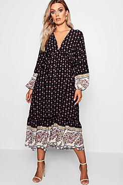 Boohoo Plus Border Print Ruffle Hem Maxi Dress